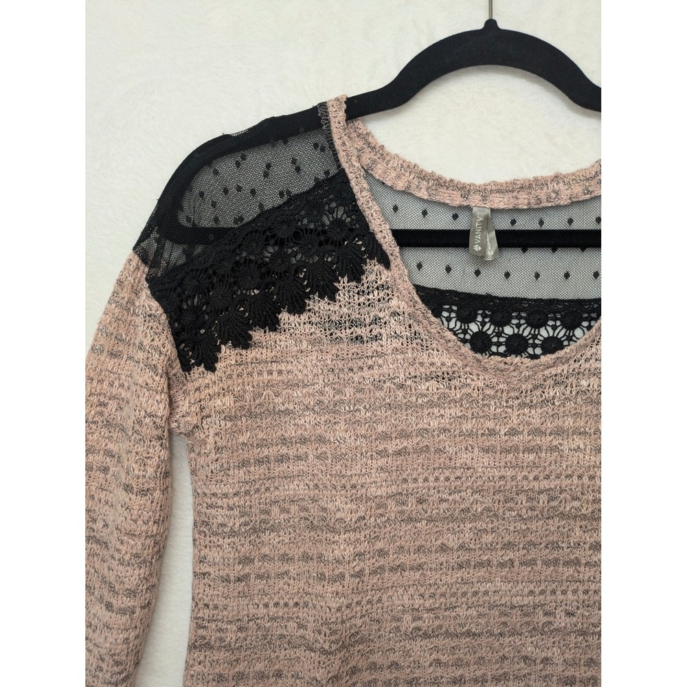 Vanity Medium Pink Knit High Low Lace Shoulder Top Women's Lightweight Tunic - Picture 2 of 9